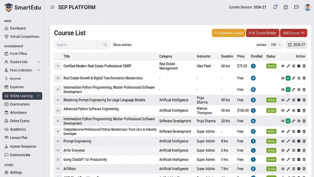 SmartEduPlus Course Management Admin View