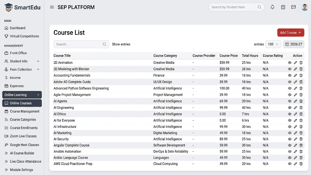 SmartEduPlus Student Course List View